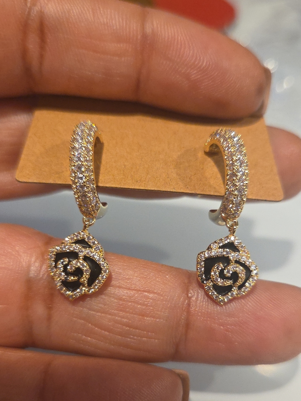 Gold-Tone Black Enamel Crystal Drop Earrings